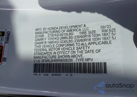2024 Honda Odyssey Ex-L из США, поврежденный, VIN 5FNRL6H66RB008256